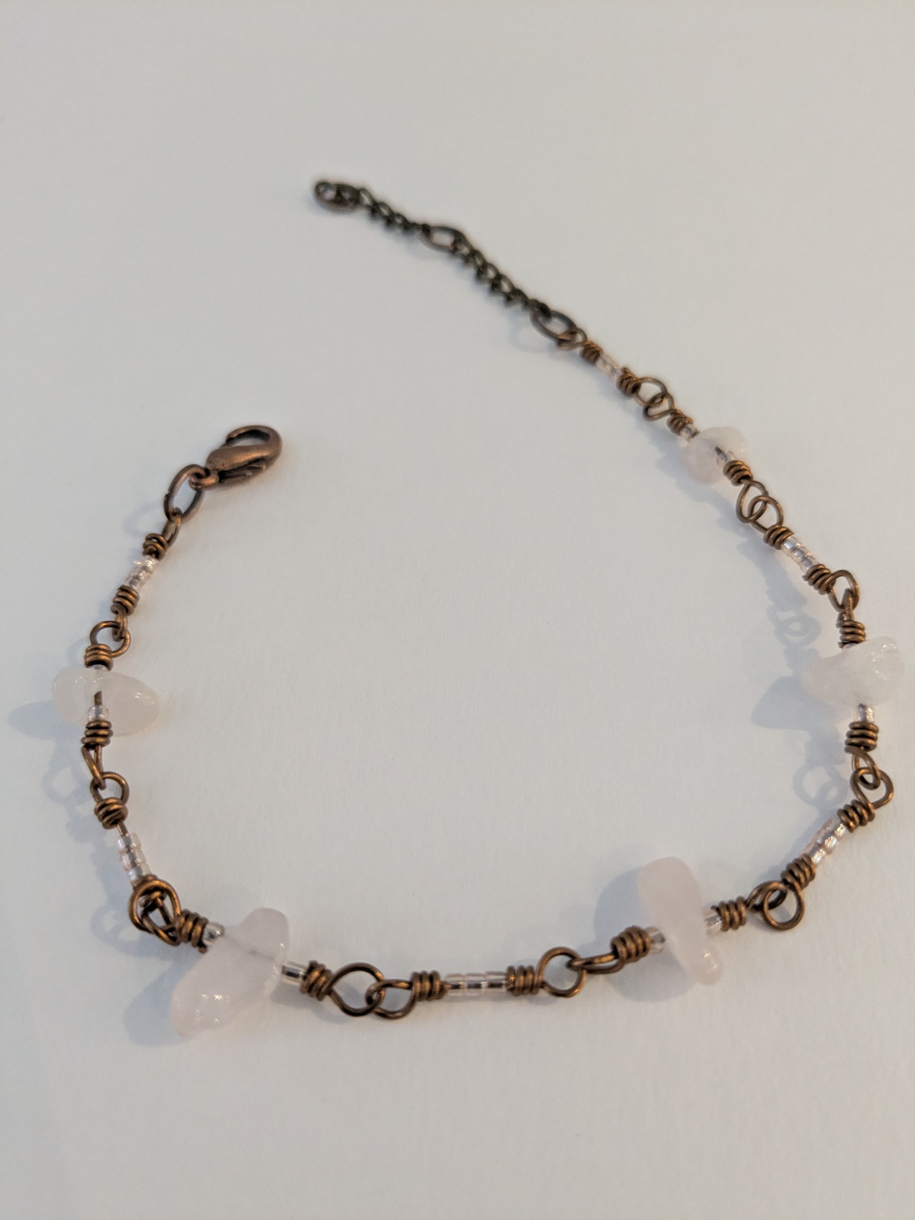 Antique Brass, Rose Quartz, and Glass Wire Wrapped Bracelet