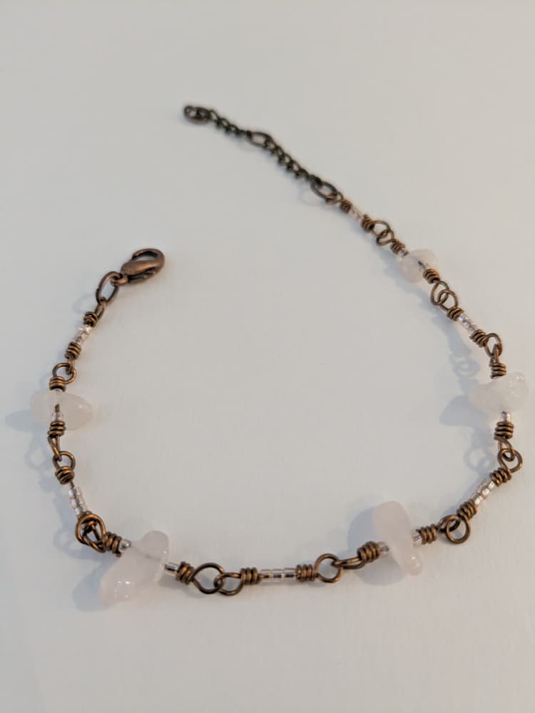 Antique Brass, Rose Quartz, and Glass Wire Wrapped Bracelet detail 1