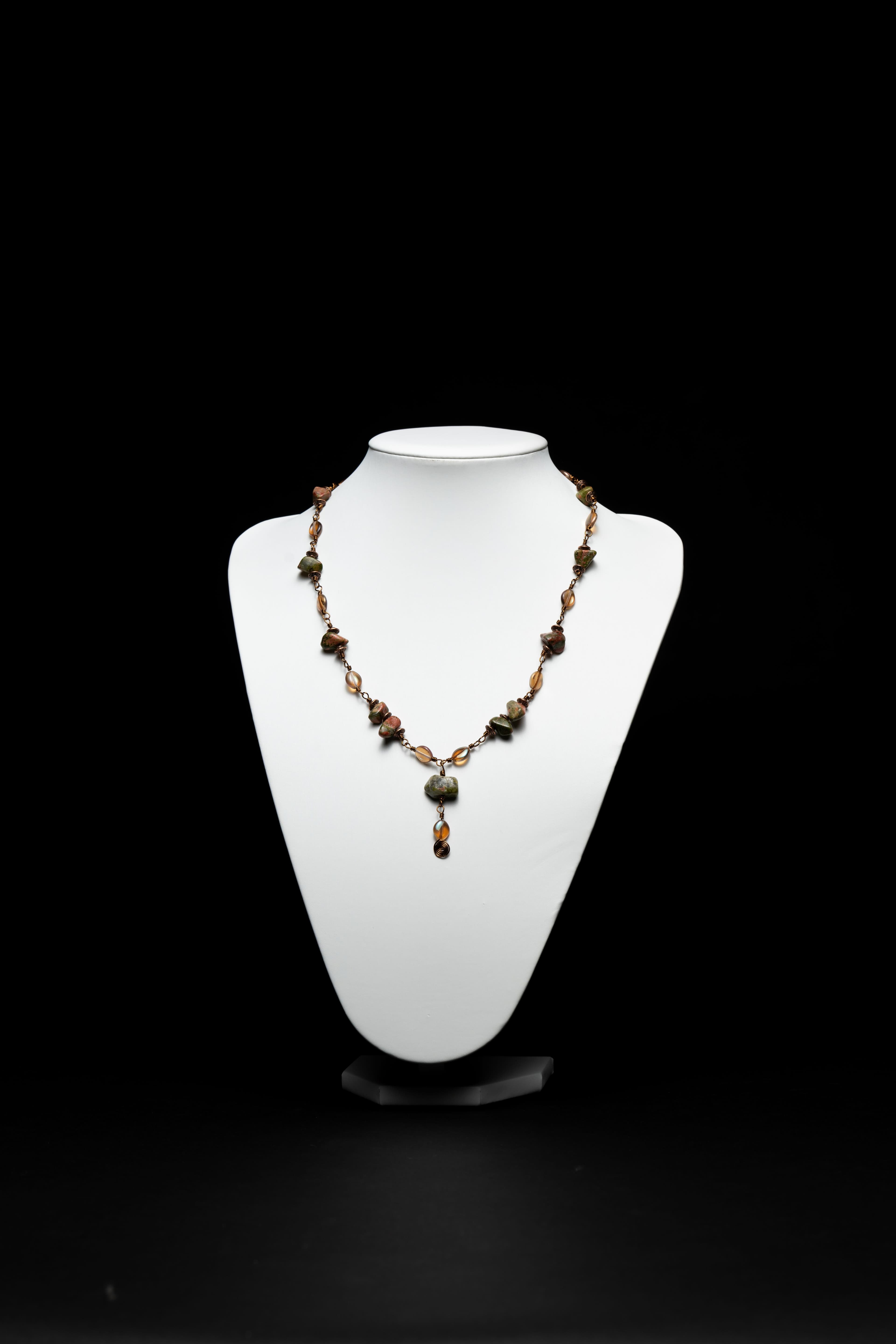 Antique Brass Unakite Wire Wrapped Necklace With Glass and Copper Accent Beads