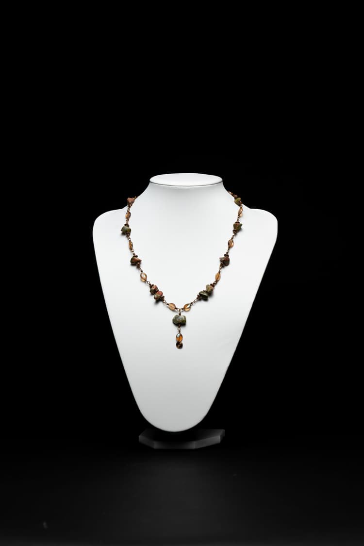 Antique Brass Unakite Wire Wrapped Necklace With Glass and Copper Accent Beads detail 1