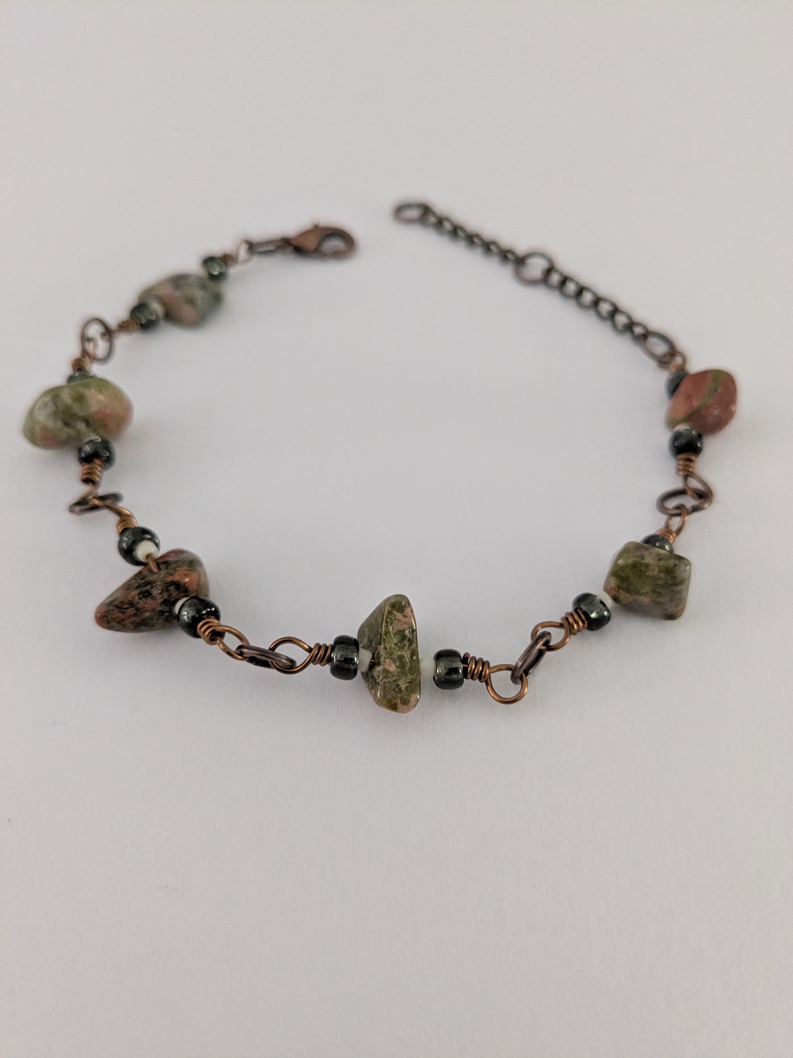 Antique Brass, Unakite, and Glass Wire Wrapped Bracelet