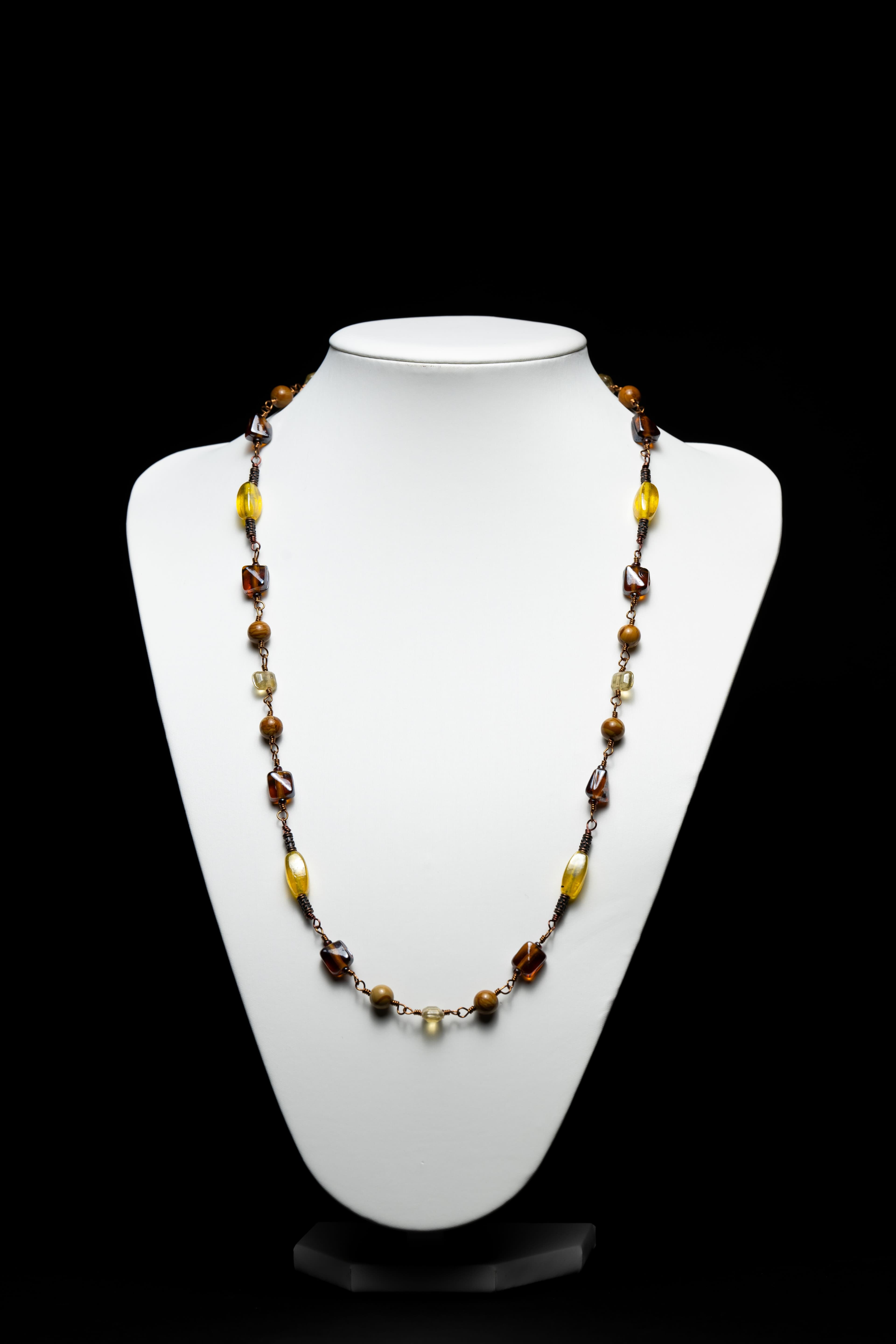 Antique Brass Glass and Semi Precious Stone Wire Wrapped Necklace