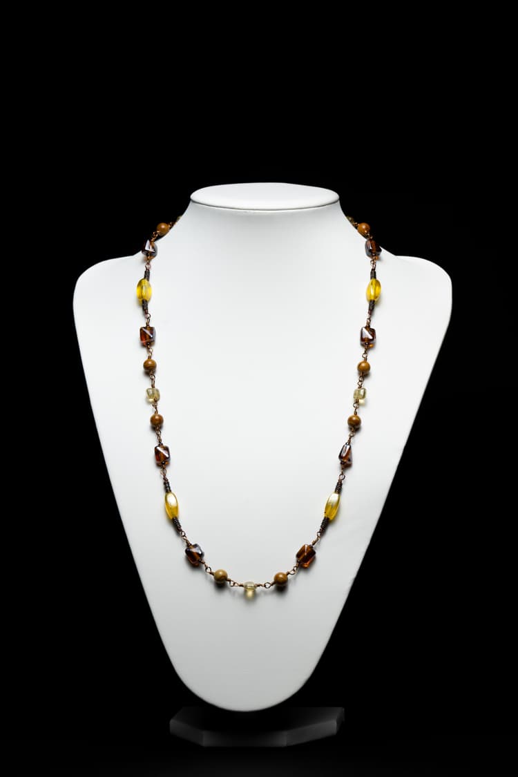 Antique Brass Glass and Semi Precious Stone Wire Wrapped Necklace detail 1