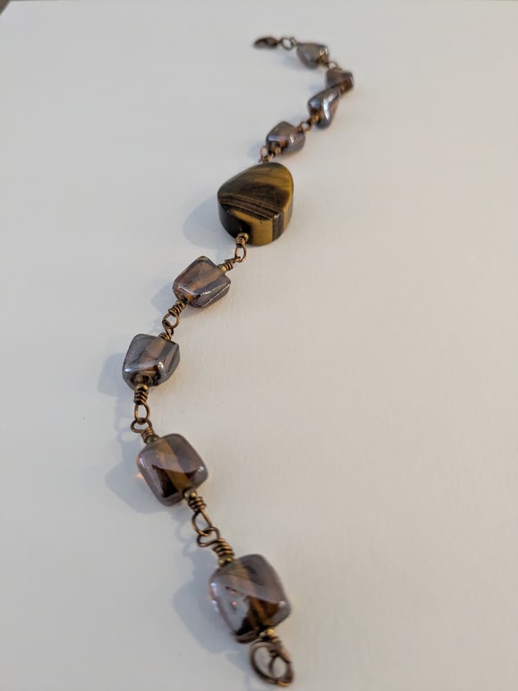Antique Brass, Glass, and Tiger's Eye Wire Wrapped Bracelet detail 2