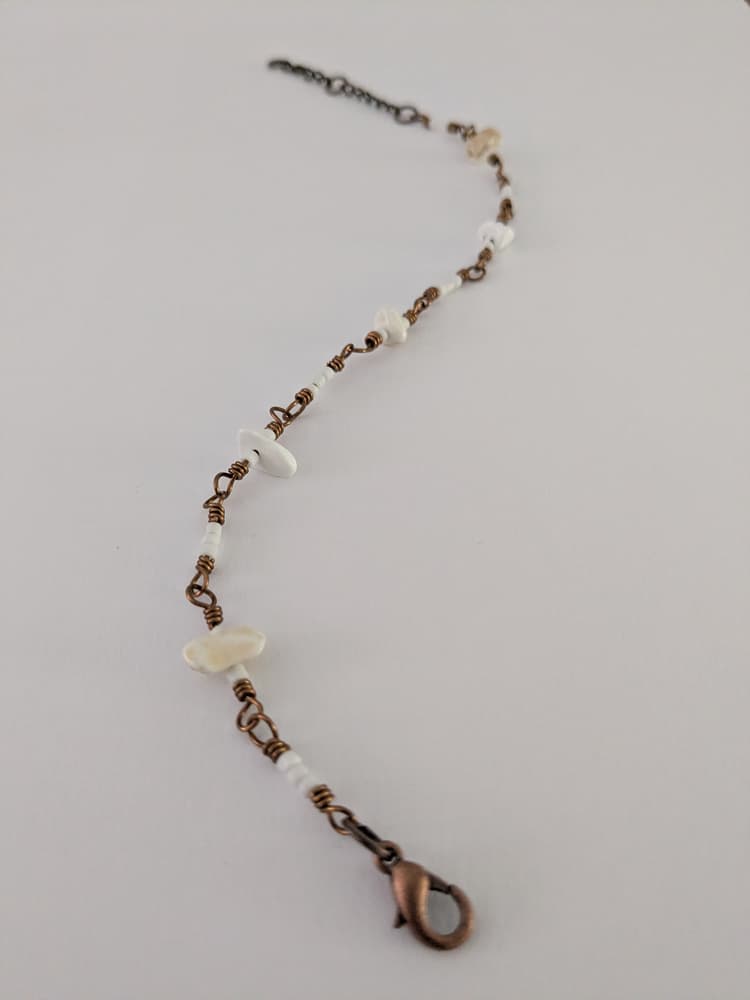 Antique Brass, White Turquoise, and Seed Bead Wire Wrapped Bracelet detail 3