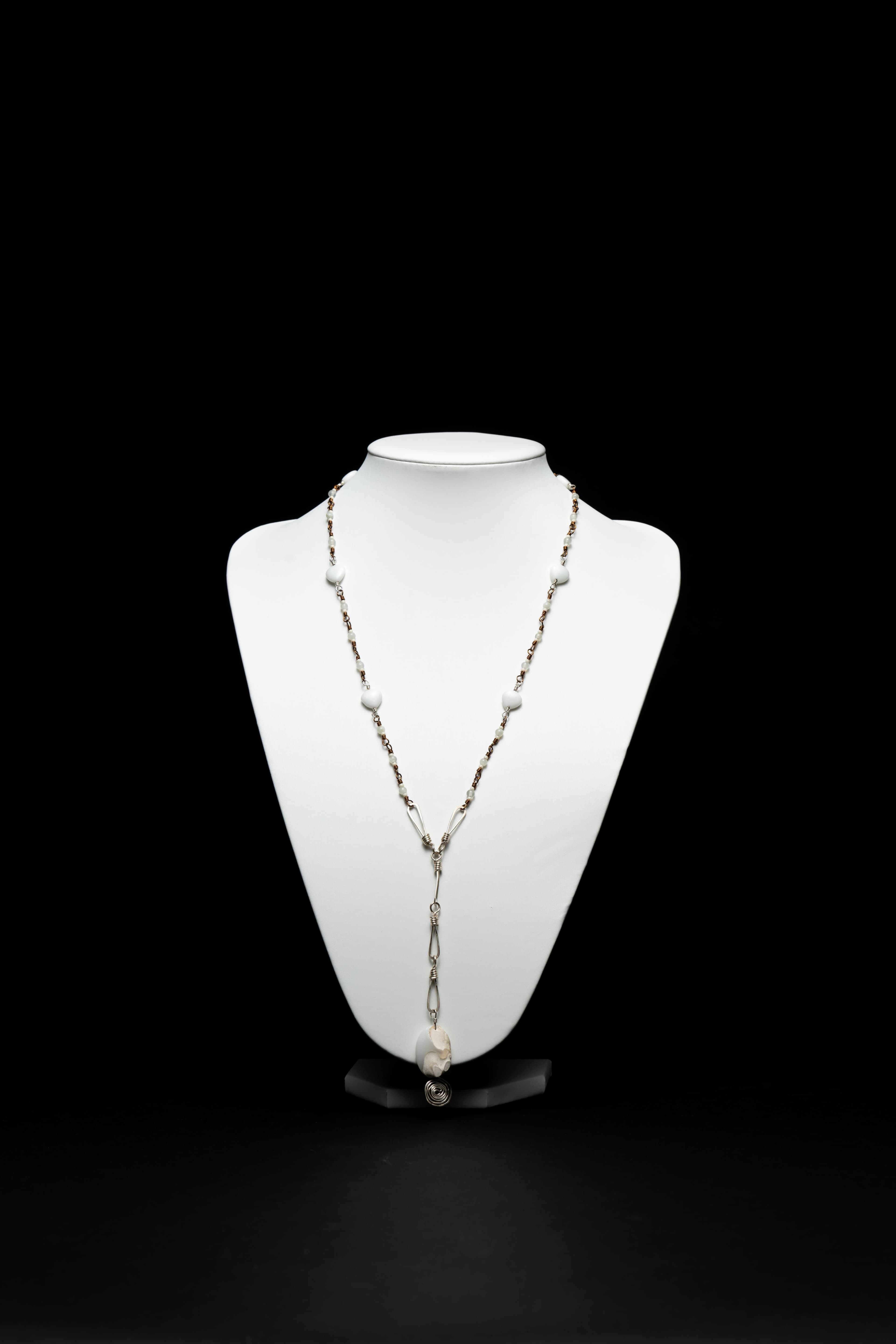 Semi Precious White Stone Long Drop Necklace With Silver Plated and Brass Wire