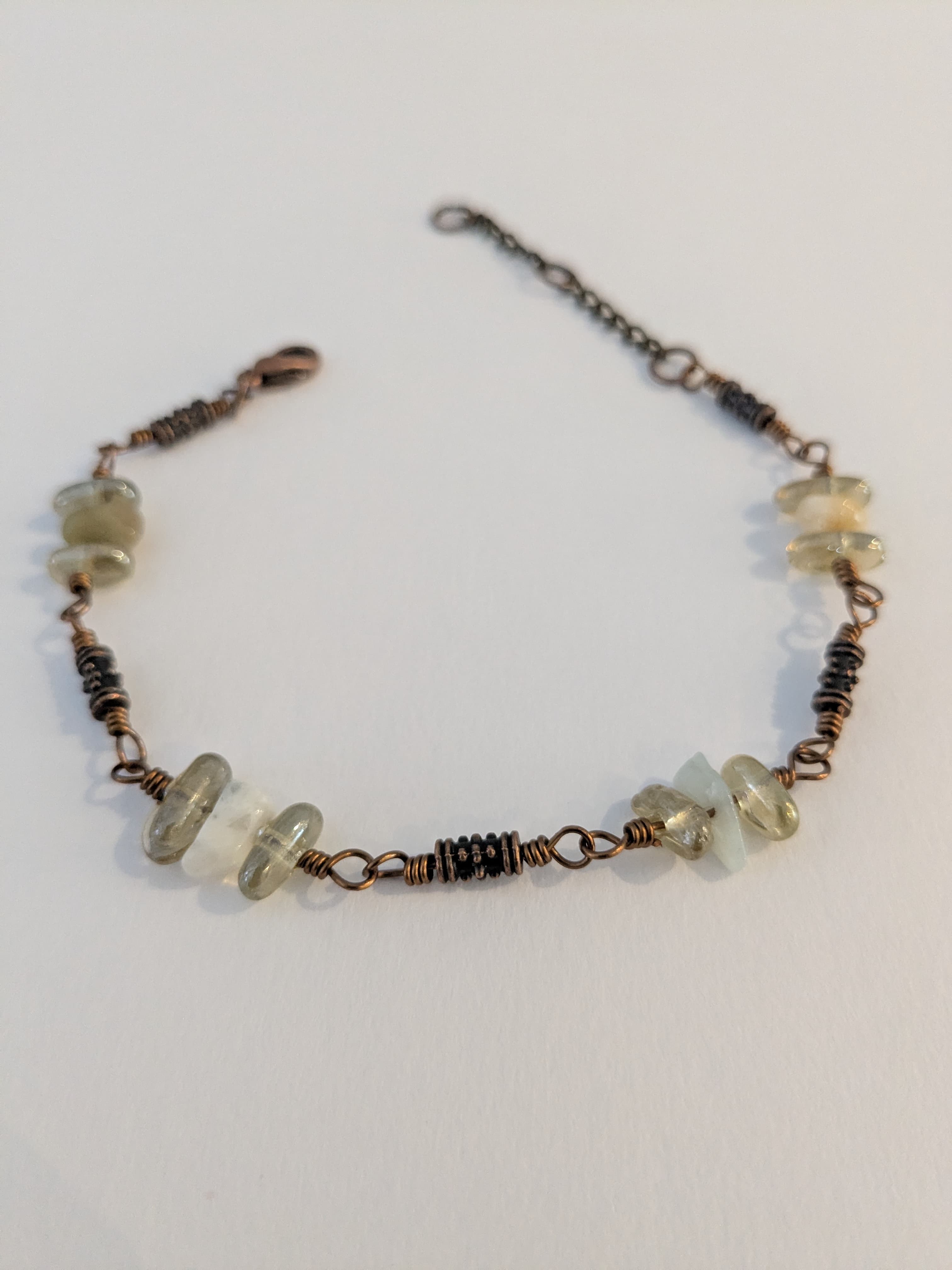 Antique Brass, Amazonite, and Glass Wire Wrapped Bracelet