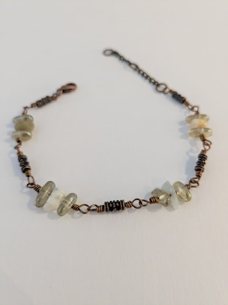 Antique Brass, Amazonite, and Glass Wire Wrapped Bracelet detail 1