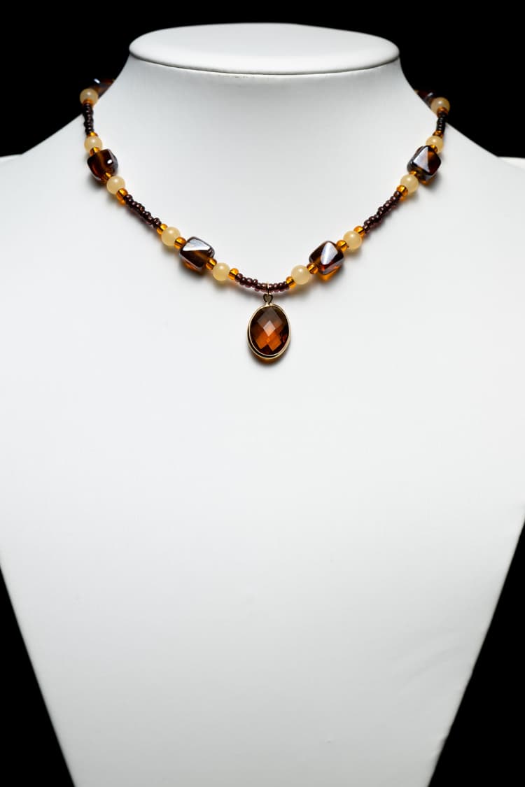 Glass Beaded Necklace With Brown Glass Faceted Pendant detail 2