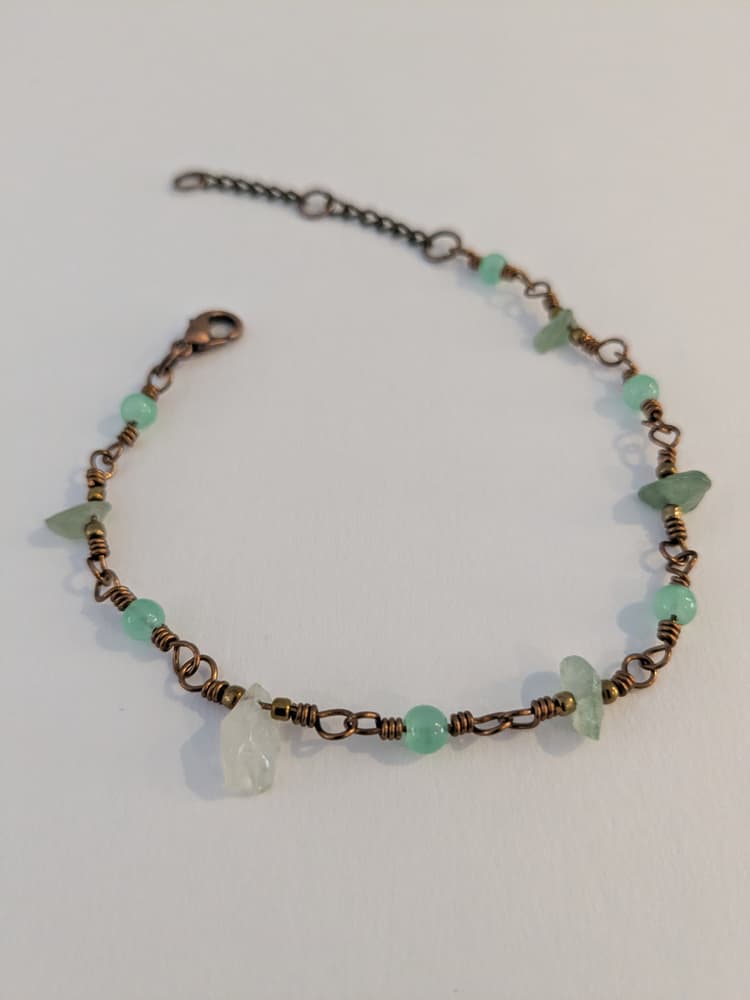 Antique Brass Green Aventurine and Glass Wire Wrapped Bracelet detail 1
