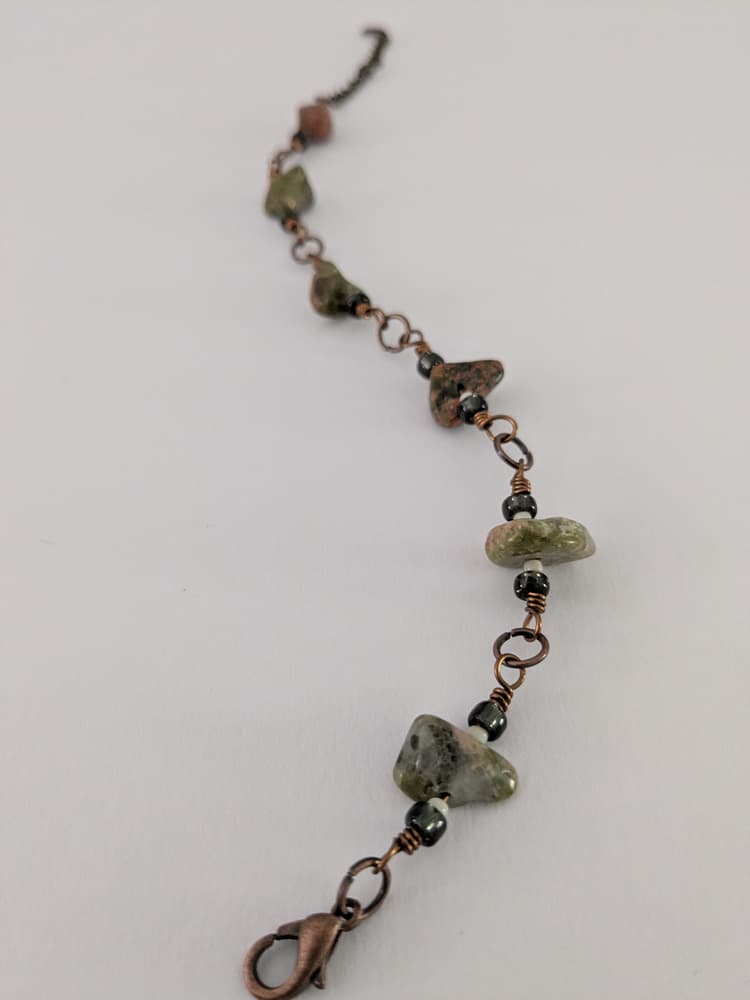 Antique Brass, Unakite, and Glass Wire Wrapped Bracelet detail 2