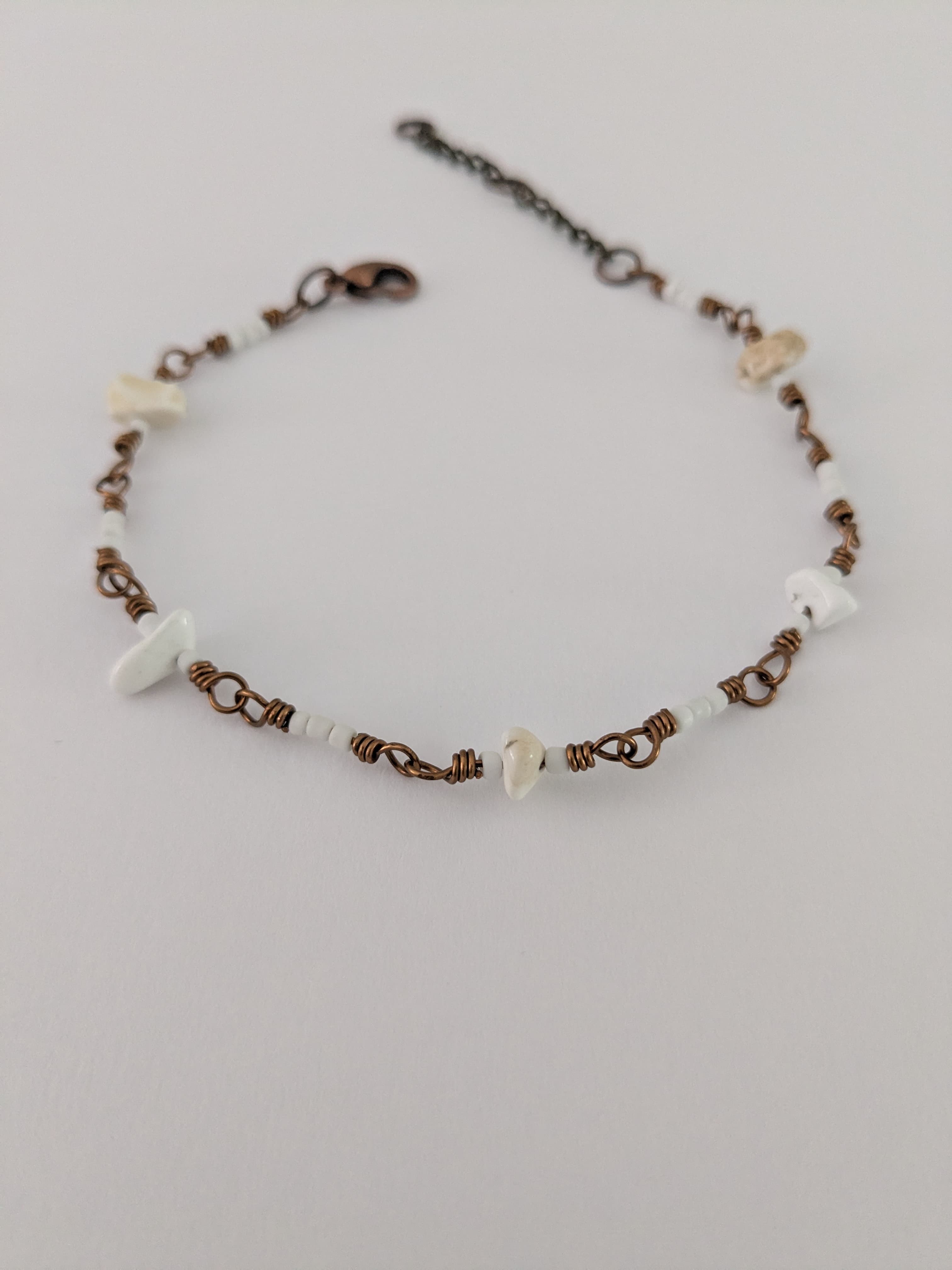 Antique Brass, White Turquoise, and Seed Bead Wire Wrapped Bracelet