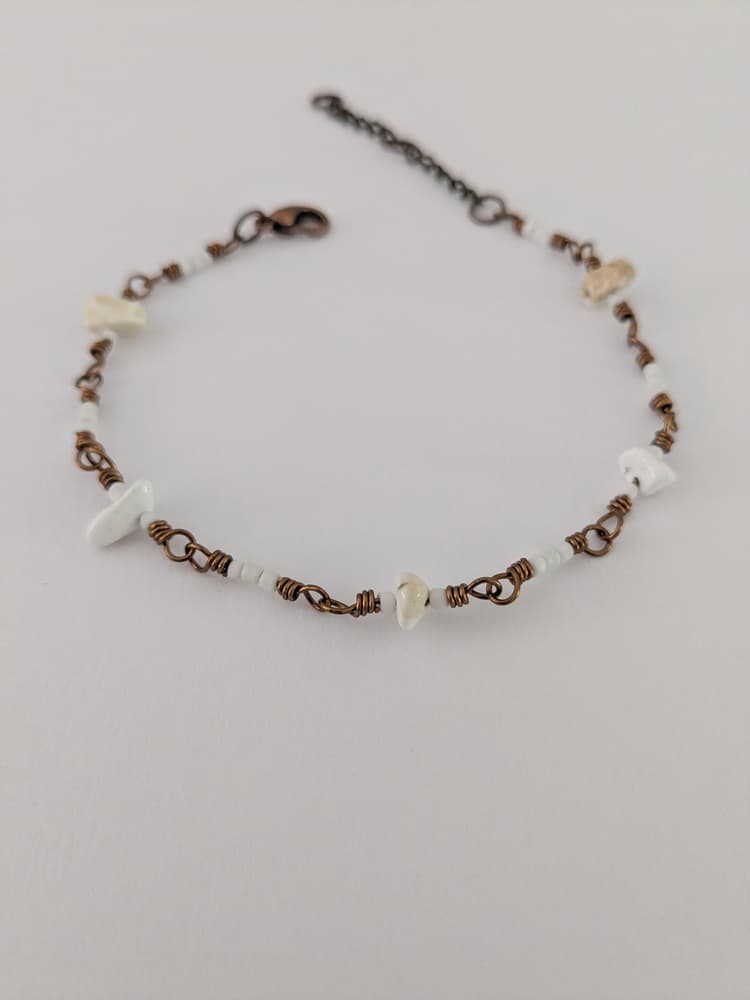 Antique Brass, White Turquoise, and Seed Bead Wire Wrapped Bracelet detail 1