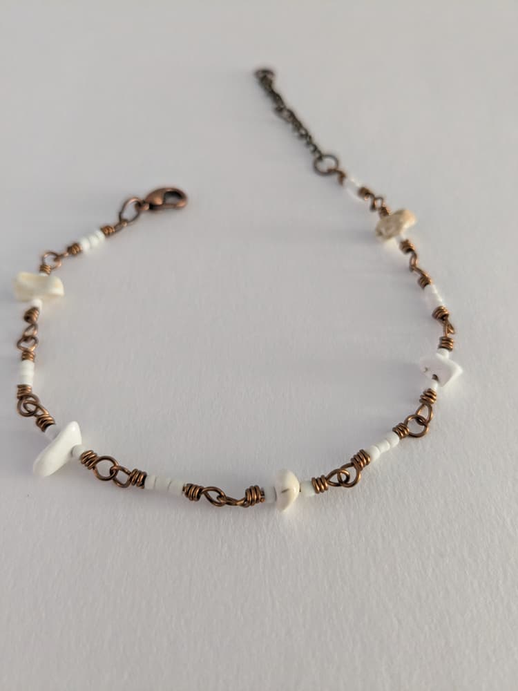 Antique Brass, White Turquoise, and Seed Bead Wire Wrapped Bracelet detail 2