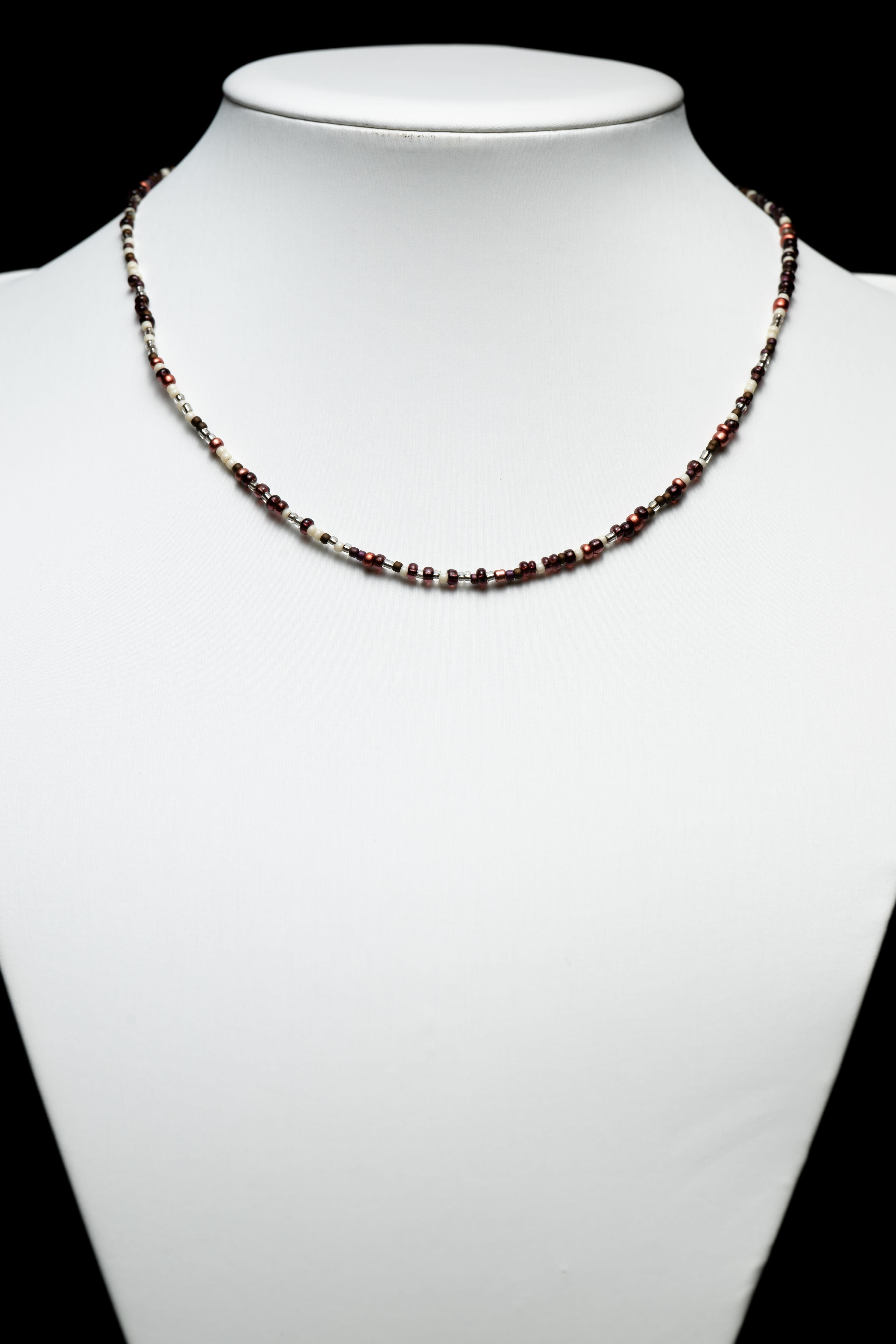 Red Copper and White Coloured Glass Beaded Choker Necklace