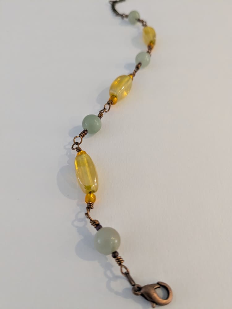 Antique Brass, Jade and Glass Wire Wrapped Bracelet detail 2