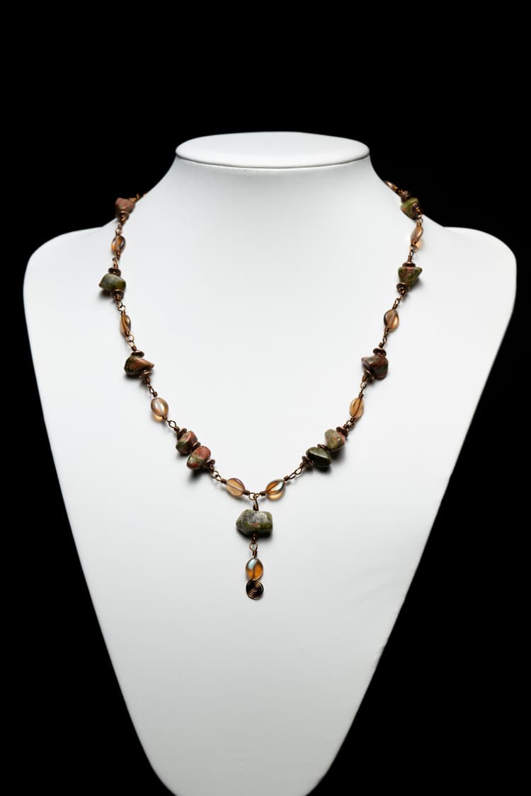 Antique Brass Unakite Wire Wrapped Necklace With Glass and Copper Accent Beads detail 3