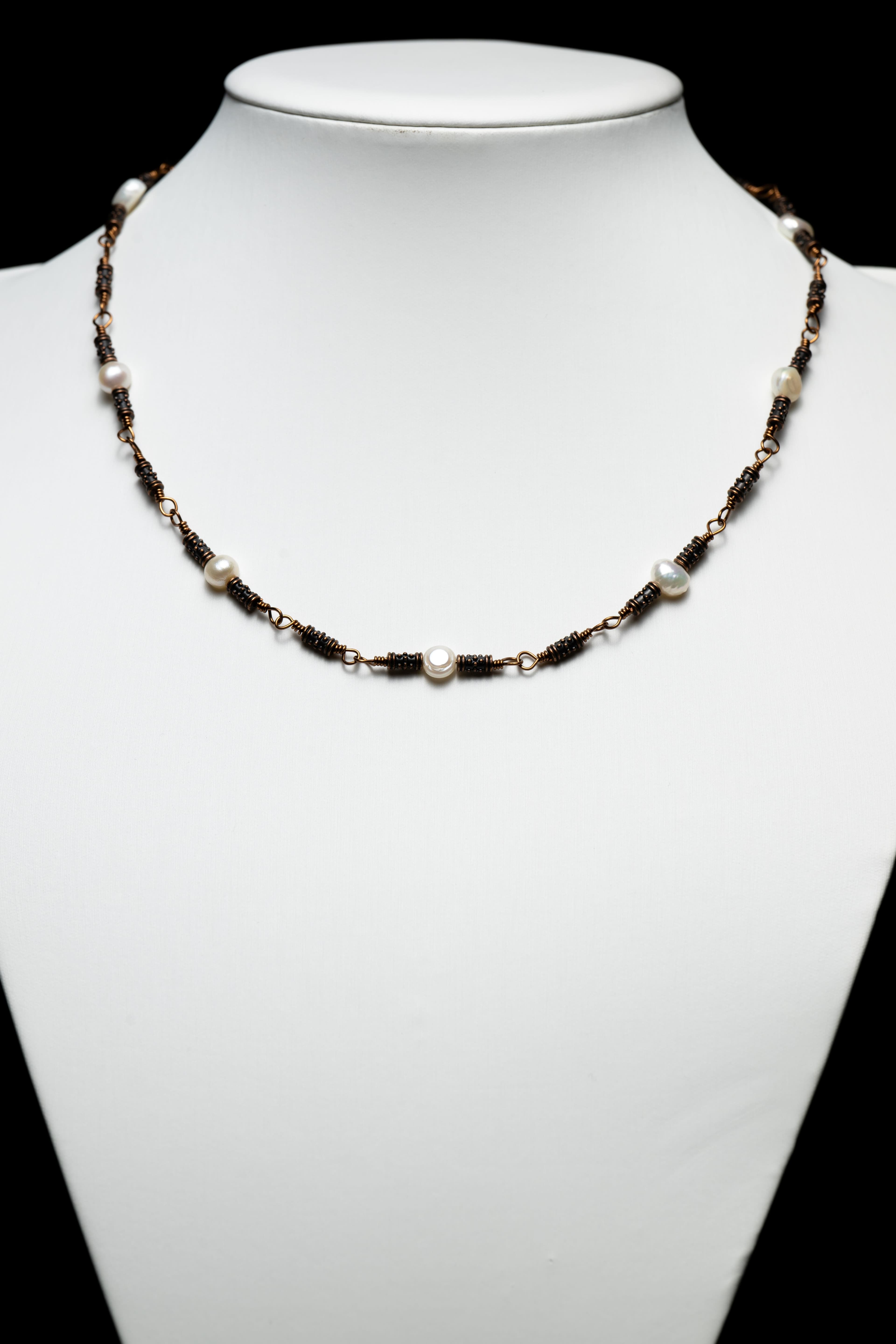 Freshwater Pearl and Antique Brass Wire Wrapped Necklace
