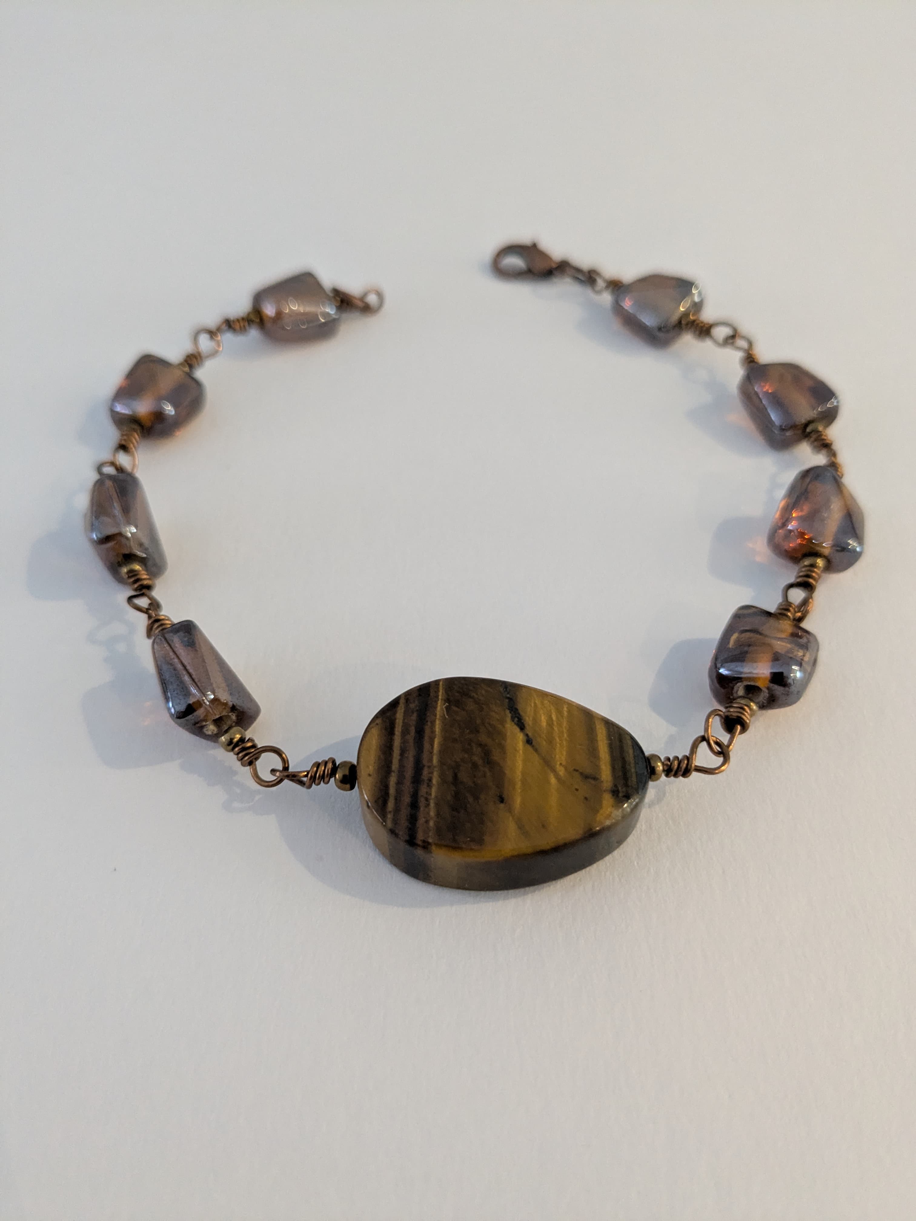 Antique Brass, Glass, and Tiger's Eye Wire Wrapped Bracelet