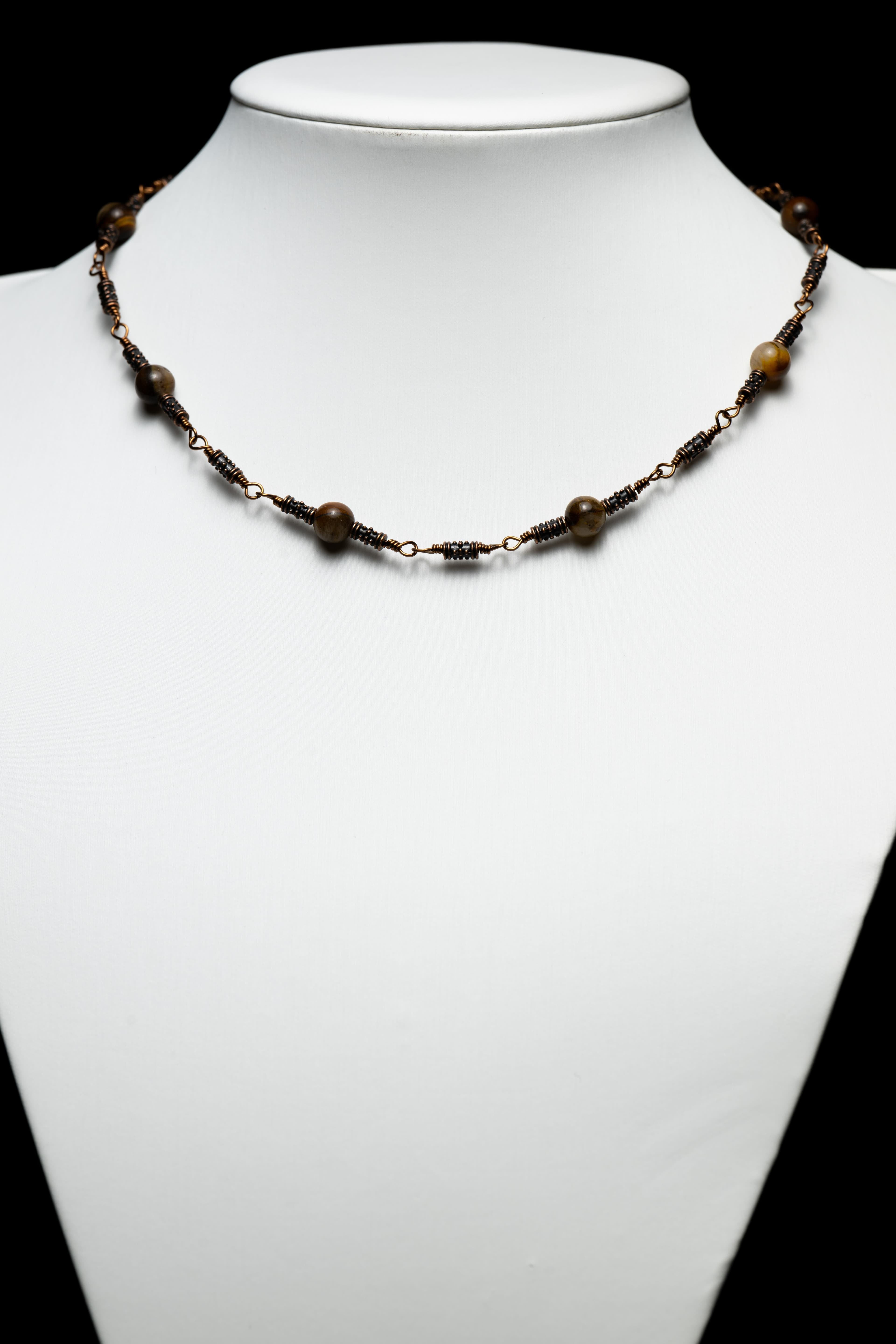 Tiger Eye Necklace With Antique Brass Wire and Copper Colour Beads