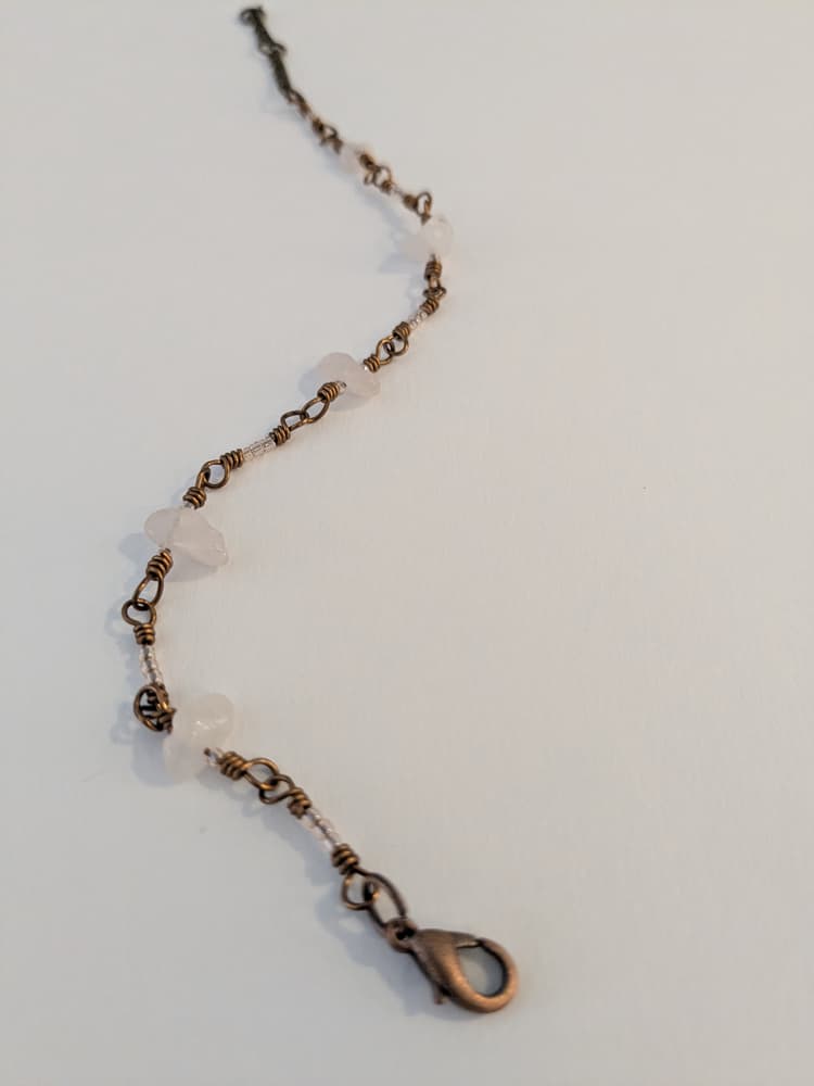 Antique Brass, Rose Quartz, and Glass Wire Wrapped Bracelet detail 2