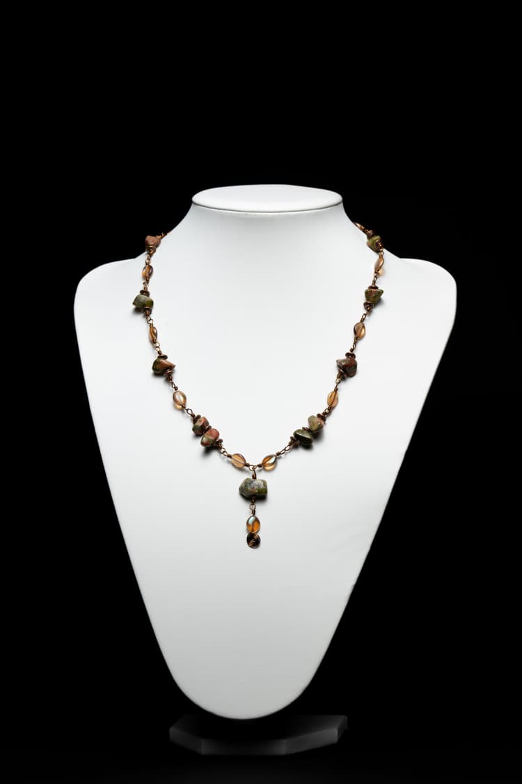 Antique Brass Unakite Wire Wrapped Necklace With Glass and Copper Accent Beads detail 2