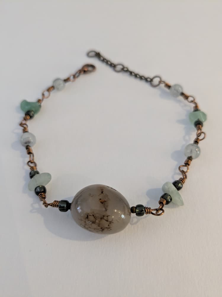 Antique Brass, Glass, Agate, and Green Aventurine Wire Wrapped Bracelet detail 1