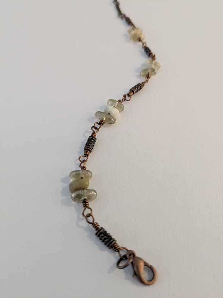 Antique Brass, Amazonite, and Glass Wire Wrapped Bracelet detail 2