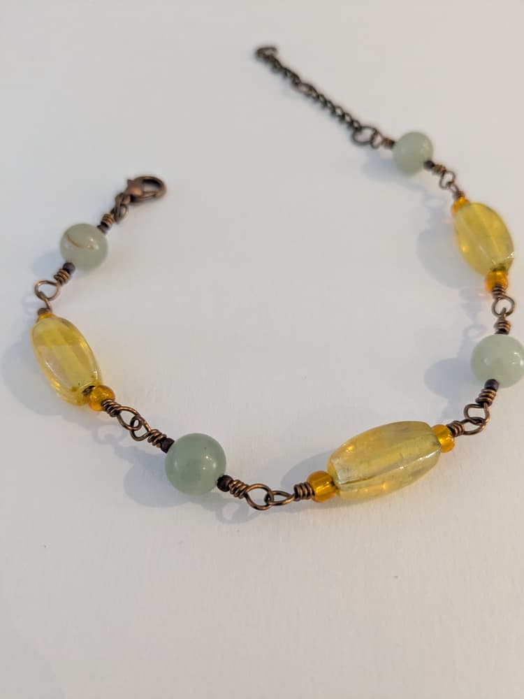 Antique Brass, Jade and Glass Wire Wrapped Bracelet detail 1