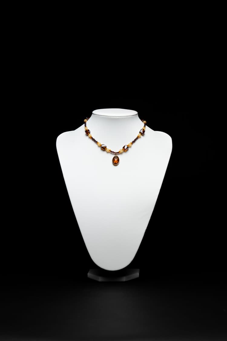 Glass Beaded Necklace With Brown Glass Faceted Pendant detail 1