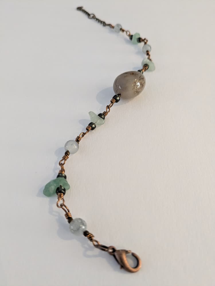 Antique Brass, Glass, Agate, and Green Aventurine Wire Wrapped Bracelet detail 2